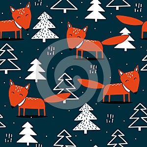 Colorful seamless pattern, foxes and fir trees. Decorative cute background with animals, forest