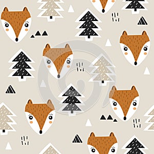 Colorful seamless pattern with foxes, fir trees. Decorative cute background, funny animals and forest