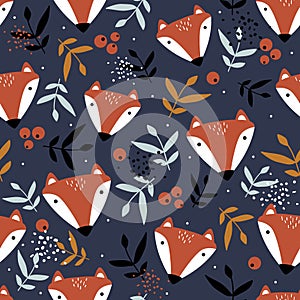 Colorful seamless pattern with foxes, leaves. Decorative cute background with funny animals, plants