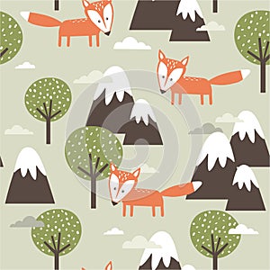 Colorful seamless pattern with foxes, mountains, trees. Decorative cute background, funny animals and forest