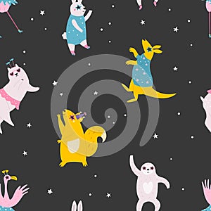 Colorful seamless pattern with funny dancing animals in disco glasses and costumes