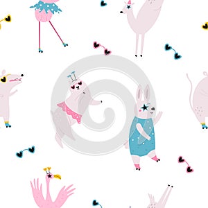 Colorful seamless pattern with funny dancing animals in disco glasses and costumes
