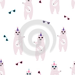 Colorful seamless pattern with funny dancing bears in disco glasses