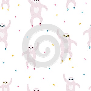 Colorful seamless pattern with funny dancing sloths in disco glasses and socks