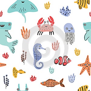 Colorful seamless pattern with funny marine animals or underwater creatures, corals and seaweed on white background