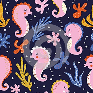 Colorful seamless pattern with funny seahorses, corals and algae. Background with cute inhabitants of the sea and ocean.