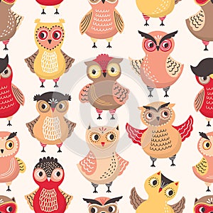 Colorful seamless pattern with funny smart owls on white background. Backdrop with adorable owlets in different poses