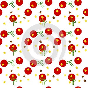 Colorful seamless pattern of golden stars, red balloons, green ribbons on transparent white background. Vector illustration, EPS