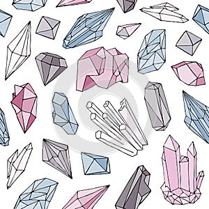 Colorful seamless pattern with gorgeous natural gemstones, mineral crystals, precious and semiprecious faceted stones photo