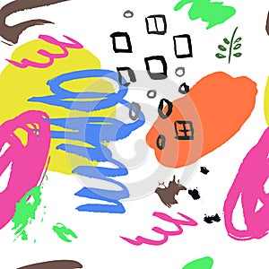 Colorful seamless pattern with grange, ink shape elements on bla