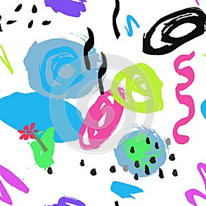 Colorful seamless pattern with grange, ink shape elements on bla