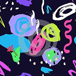 Colorful seamless pattern with grange, inks, shapes elements on