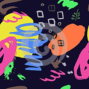 Colorful seamless pattern with grange, inks, shapes elements on