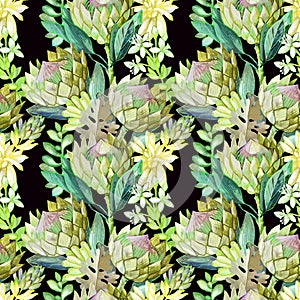 Colorful seamless pattern with green exotic flowers proteas and succulents