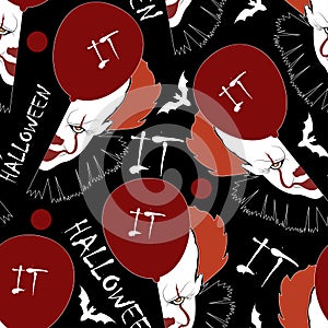 Colorful seamless pattern for Halloween night party.Vector background with clowns,balloons and words