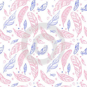 Colorful seamless pattern with hand drawing ornament feathers.