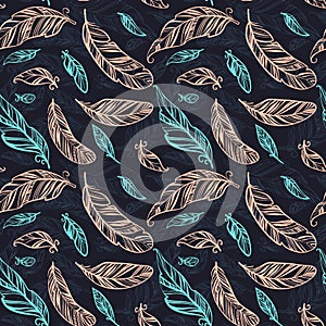 Colorful seamless pattern with hand drawing ornament feathers.