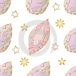 Colorful seamless pattern with hand drawn crystals and gems with gold contour.