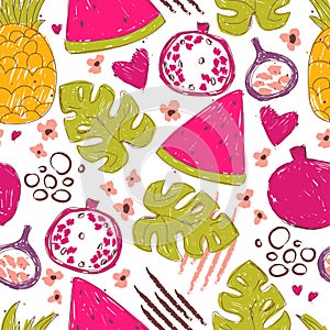 Colorful seamless pattern with hand drawn exotic fruits