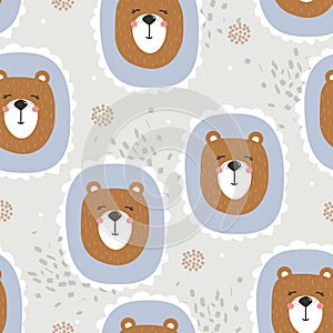 Colorful seamless pattern with happy bears. Decorative cute background, funny animals
