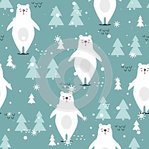 Colorful seamless pattern, happy bears, fir trees, snow. Decorative cute background with animals, forest