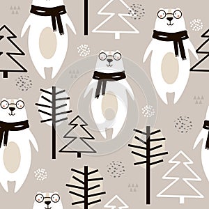 Colorful seamless pattern with happy bears, fir trees, trees. Decorative cute background with animals, forest