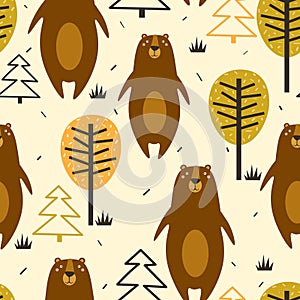 Colorful seamless pattern with happy bears, fir trees, trees. Decorative cute background, funny animals, forest