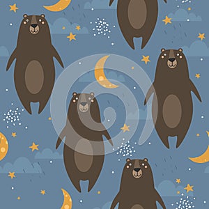Colorful seamless pattern with happy bears, moon, stars. Decorative cute background with animals, night sky