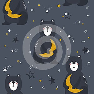 Farbistý bezšvový vzor šťastný medvede mesiac hviezdy. dekoratívne roztomilý zvieratá noc nebo 