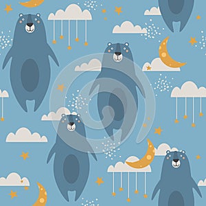 Colorful seamless pattern with happy bears, moon, stars. Decorative cute background, funny animals, night sky