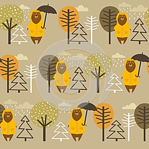 Colorful seamless pattern, happy bears in raincoats, fir trees and trees. Decorative cute background with animals, forest