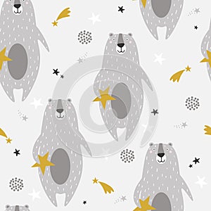 Colorful seamless pattern with happy bears, stars. Decorative cute background with animals, sky