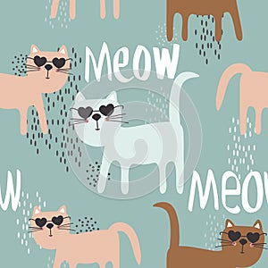 Colorful seamless pattern with happy cats. Decorative cute background with animals, meow