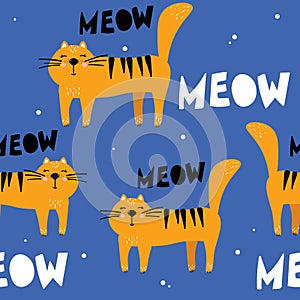 Colorful seamless pattern with happy cats. Decorative cute background with animals, meow