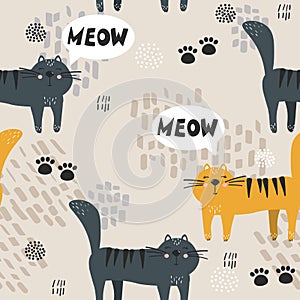 Colorful seamless pattern with happy cats. Decorative cute background with animals, meow