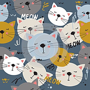 Colorful seamless pattern with happy cats. Decorative cute background with animals, meow