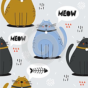 Colorful seamless pattern with happy cats. Decorative cute background with funny animals, fish. Meow