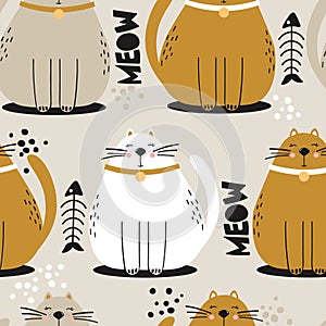 Colorful seamless pattern with happy cats. Decorative cute background with funny animals, fishes, meow