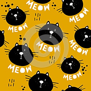 Colorful seamless pattern with happy cats. Decorative cute background with funny animals, meow