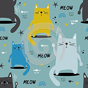 Colorful seamless pattern with happy cats. Decorative cute background with funny animals, meow