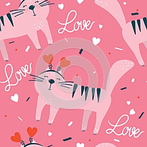 Colorful seamless pattern with happy cats, hearts. Decorative cute background with animals, love. Romantic wallpaper