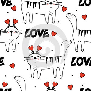 Colorful seamless pattern with happy cats, hearts. Decorative cute background, funny animals, love. Romantic wallpaper