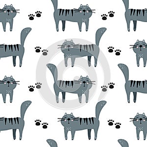 Colorful seamless pattern with happy cats, paw prints. Decorative cute background with animals, meow