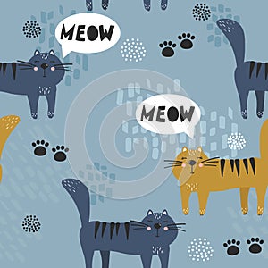 Colorful seamless pattern with happy cats, paw prints. Decorative cute background with funny animals, meow