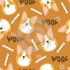 Colorful seamless pattern with happy corgi, bones. Decorative cute background with funny dogs, woof. Animals