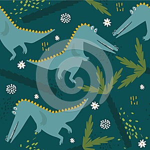 Colorful seamless pattern with happy crocodiles, palm trees, flowers. Decorative cute background with funny reptiles