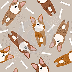 Colorful seamless pattern with happy dogs, bones. Decorative cute background, funny animals. Corgi