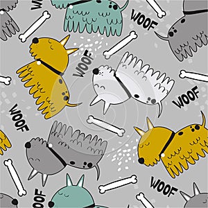 Colorful seamless pattern with happy dogs, bones. Decorative cute background, funny animals. Woof