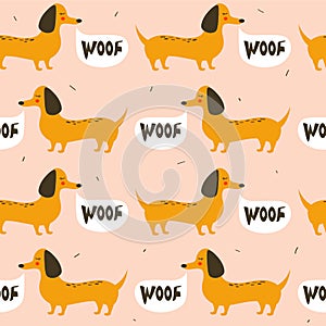 Colorful seamless pattern with happy dogs. Decorative cute background, funny animals. Dachshunds. Woof