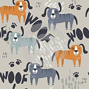 Colorful seamless pattern with happy dogs. Decorative cute background with funny animals, woof